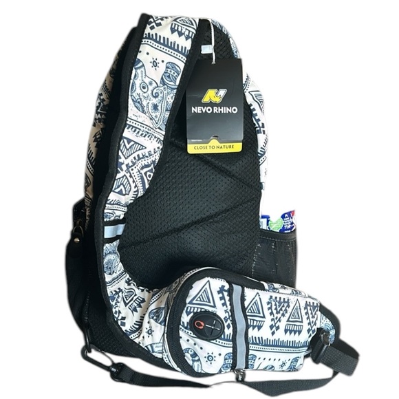 Elephant Geometric Print Sling Backpack with makeup bag & keychain Blue & White - Picture 4 of 16